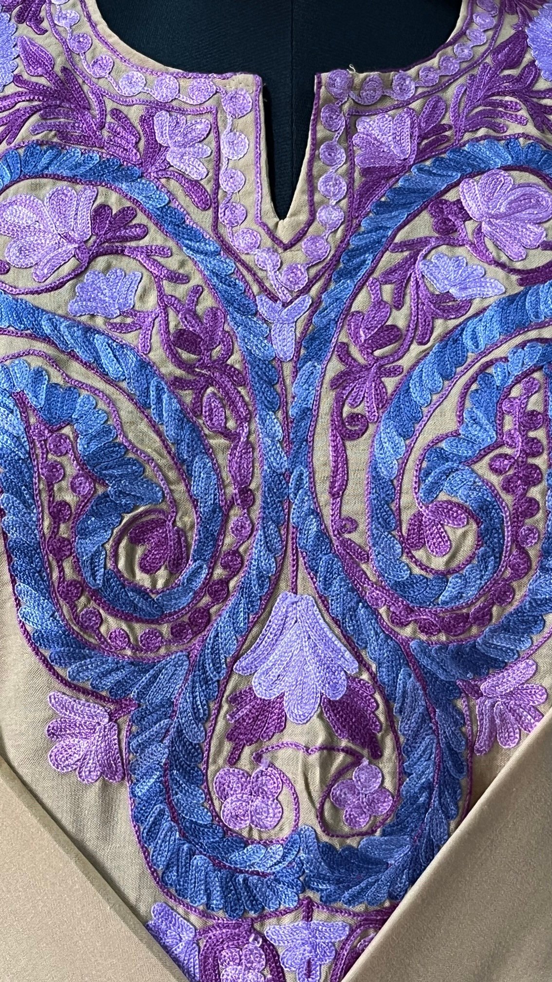 Beige Cotton Kurta with Purple Aari Work Detail 1