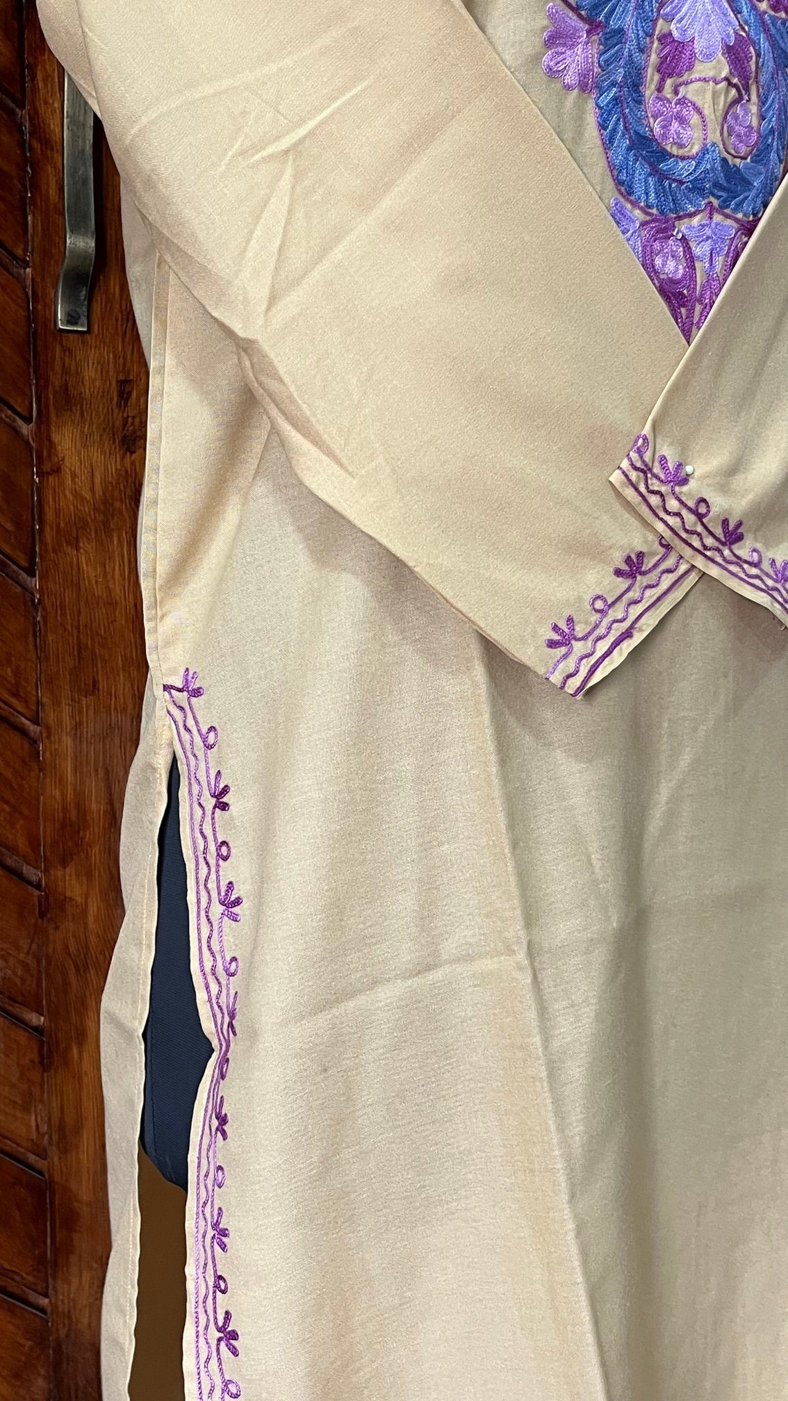 Beige Cotton Kurta with Purple Aari Work Detail 2