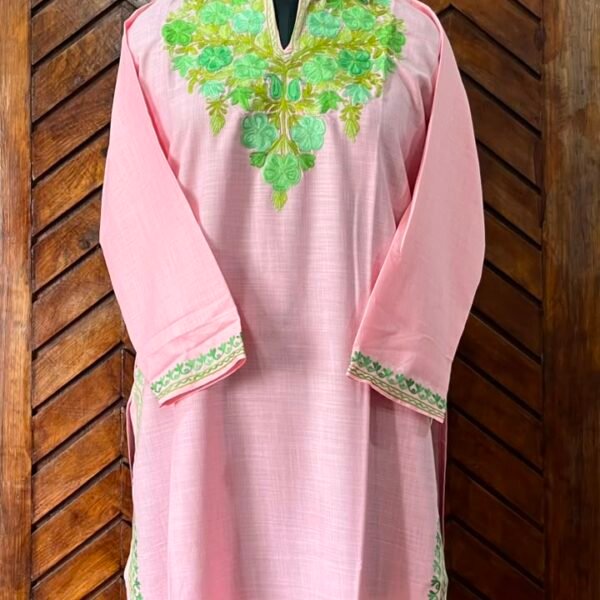 Pink Cotton Kurta with yellow Aari embroidery