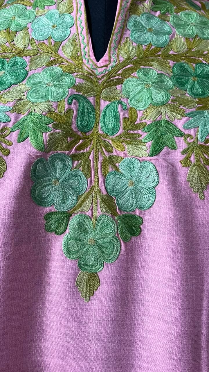 Pink Cotton Kurta with yellow Aari embroidery Detail 2