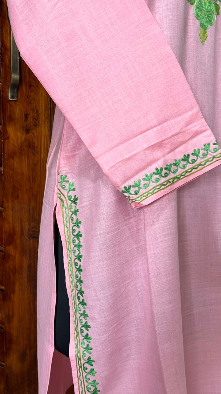 Pink Cotton Kurta with yellow Aari embroidery Detail 1