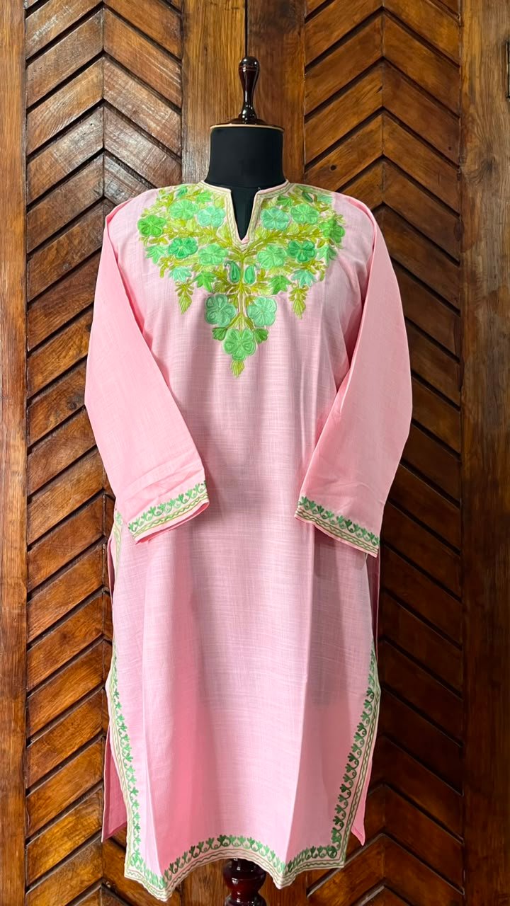 Pink Cotton Kurta with yellow Aari embroidery