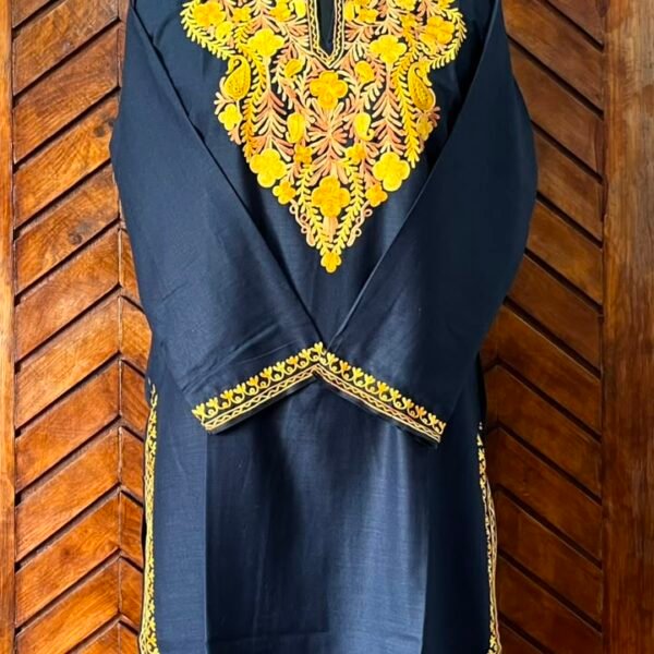 Navy Blue Cotton Kurta with yellow embroidery