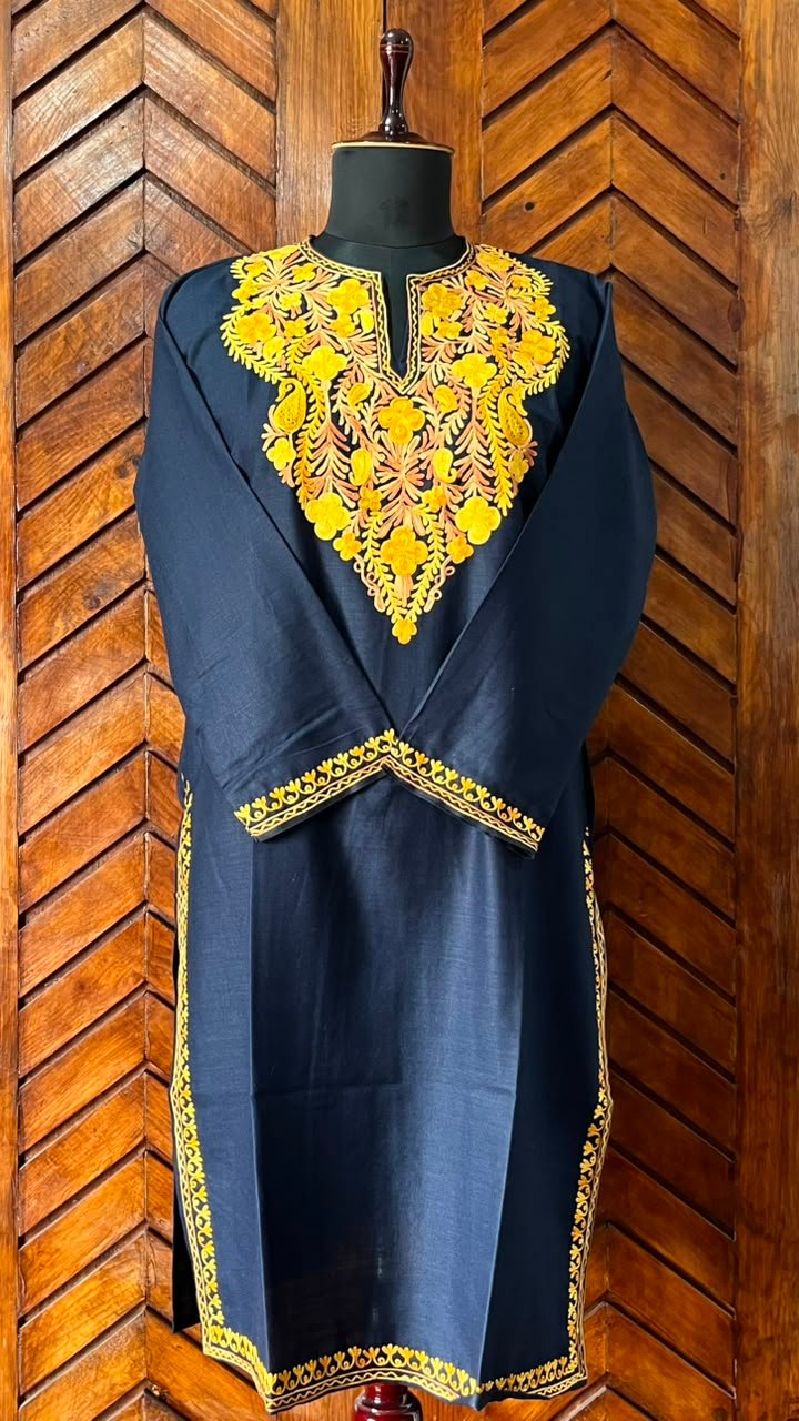 Navy Blue Cotton Kurta with yellow embroidery