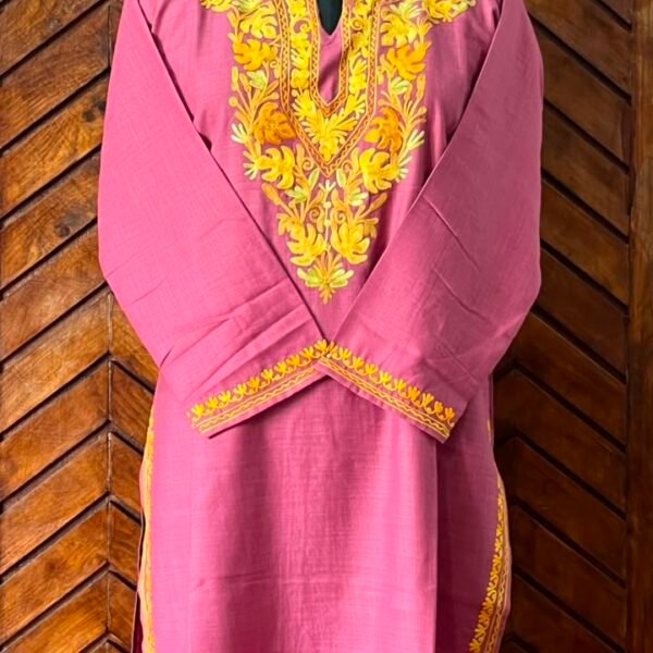 Rani Pink Cotton Kurta with yellow Aari embroidery