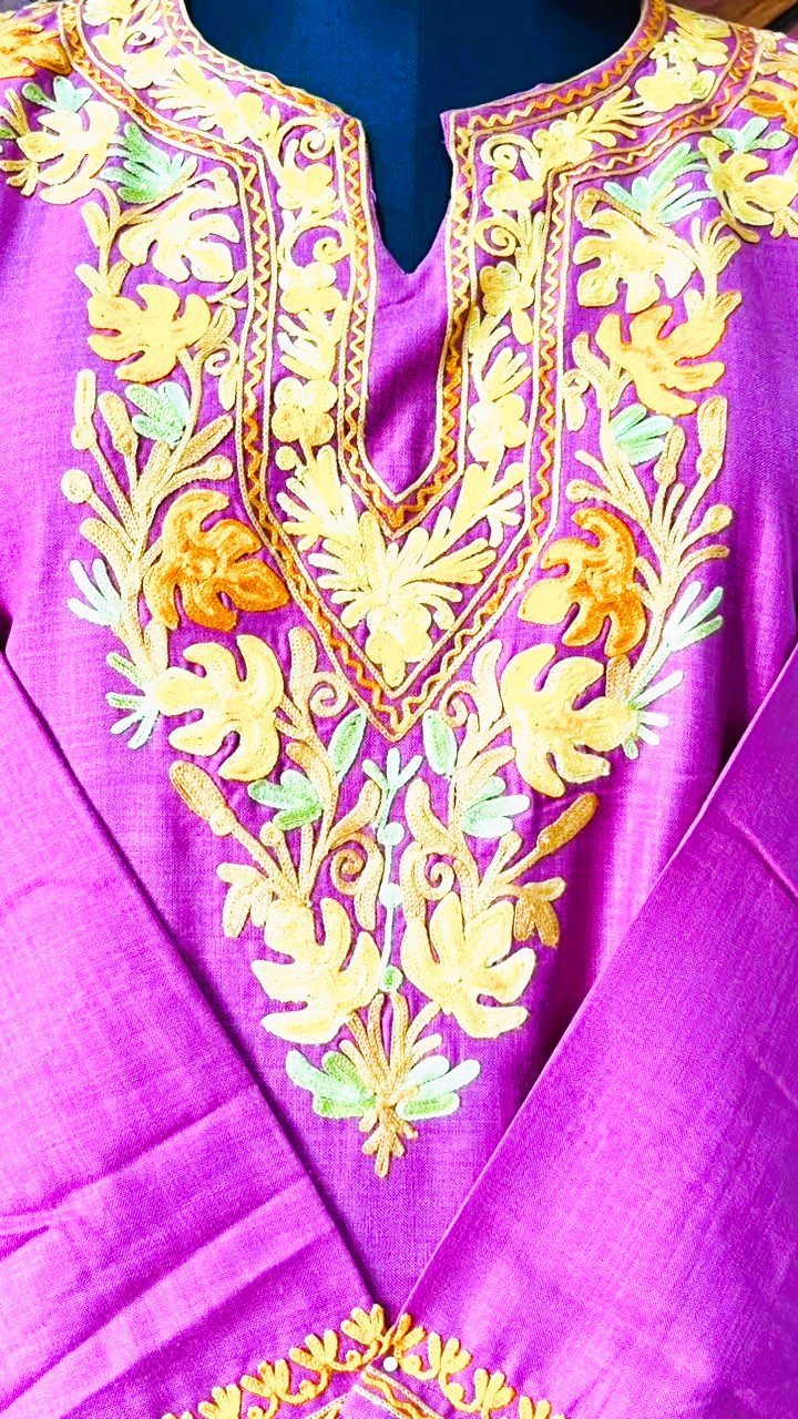 Rani Pink Cotton Kurta with yellow Aari embroidery Detail 2