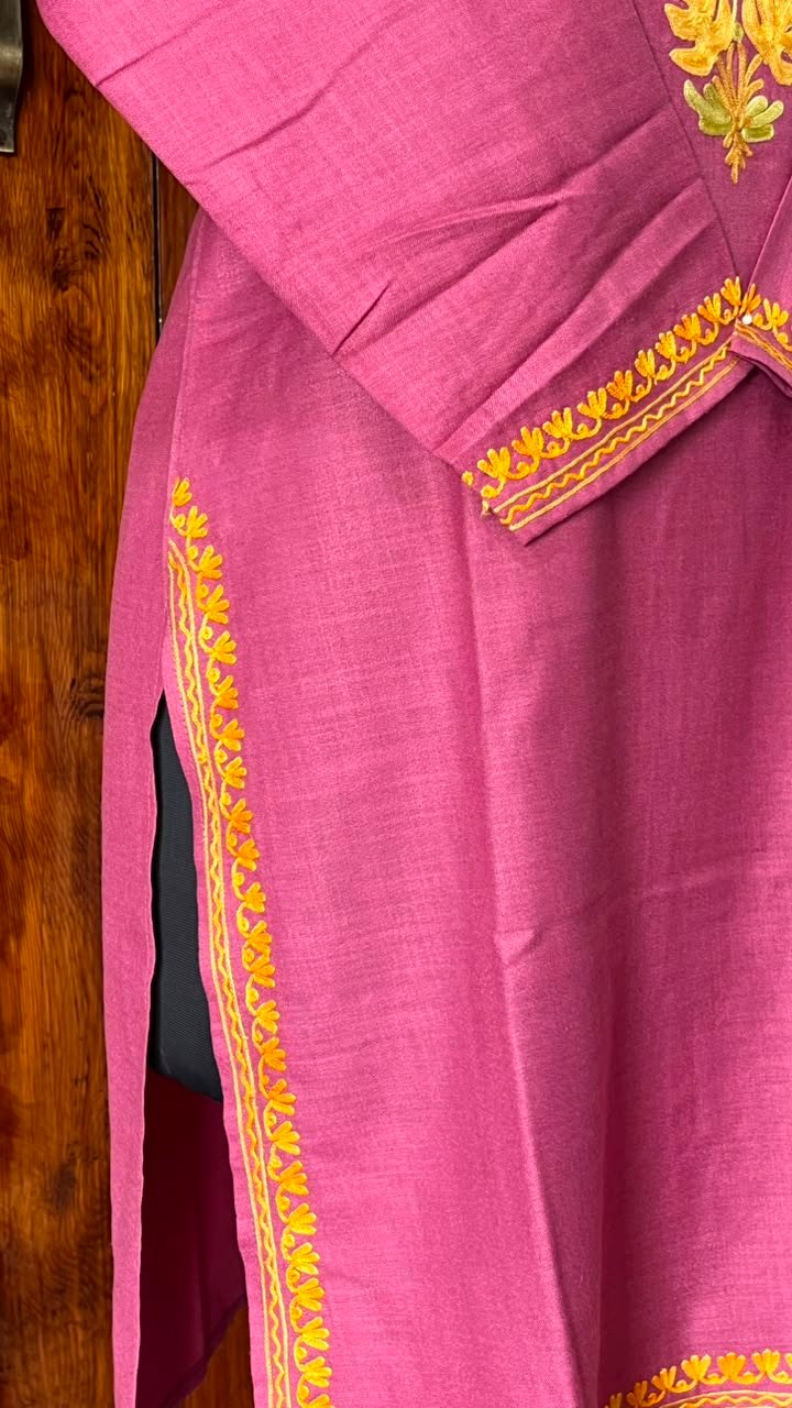 Rani Pink Cotton Kurta with yellow Aari embroidery Detail 1