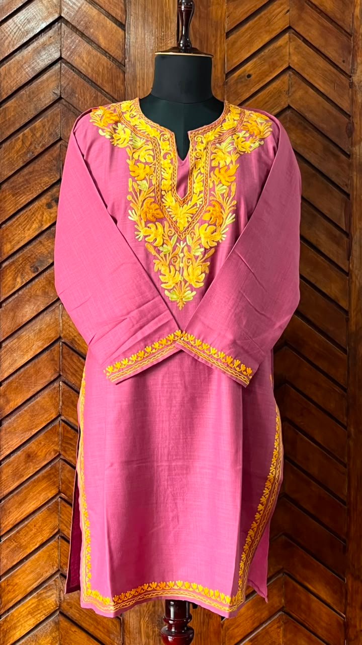 Rani Pink Cotton Kurta with yellow Aari embroidery