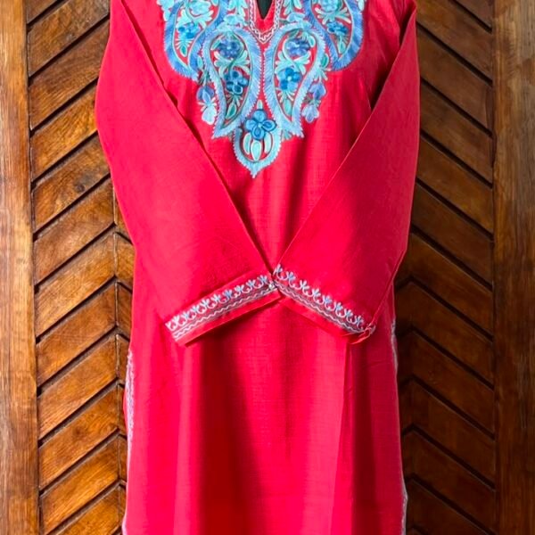 Red Cotton Kurta with Blue Aari embroidery