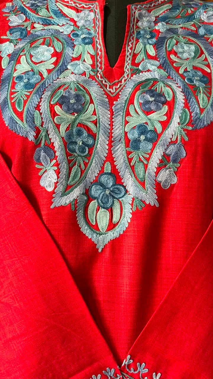 Red Cotton Kurta with Blue Aari embroidery Detail 2
