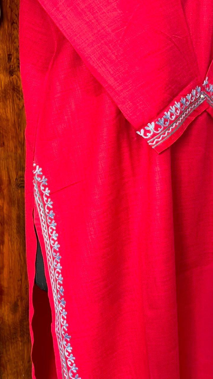 Red Cotton Kurta with Blue Aari embroidery Detail 1