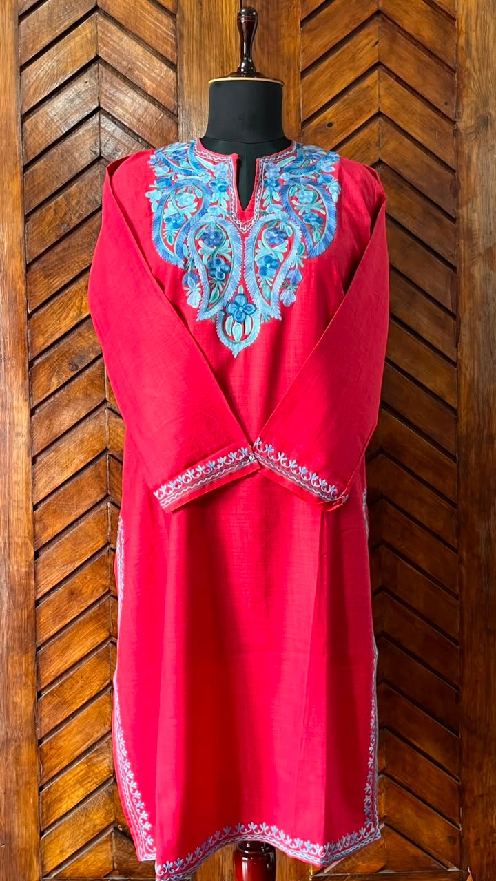 Red Cotton Kurta with Blue Aari embroidery