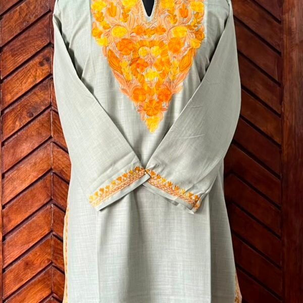 Sea Green Cotton Kurta with yellow embroidery
