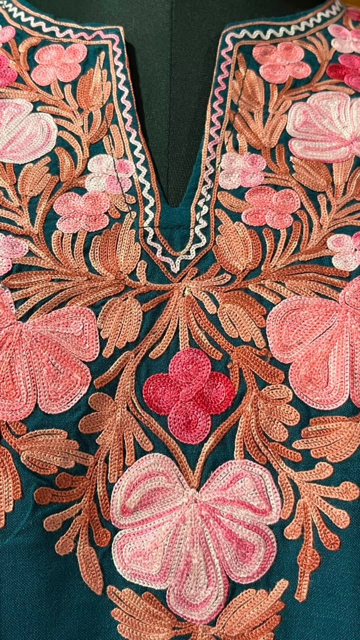 Teal Cotton Kurta with Pink Aari embroidery Detail 2
