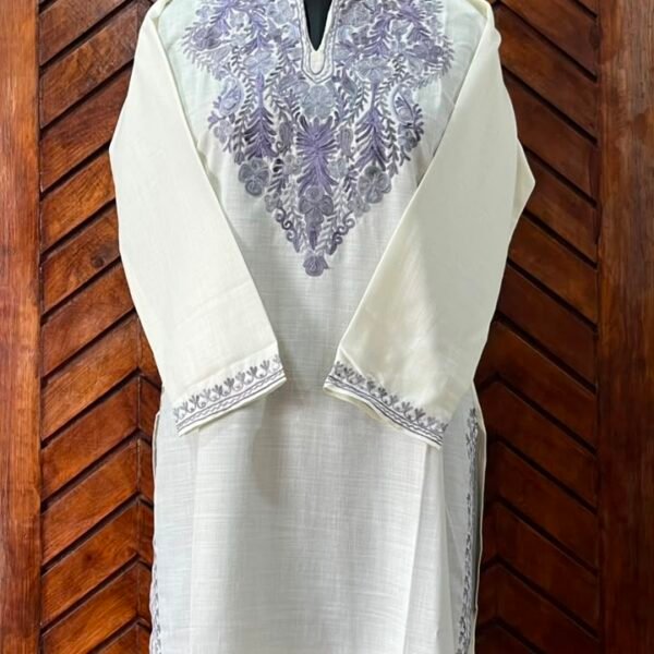 White Cotton Kurta with Lavender Aari embroidery