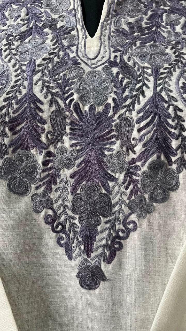 White Cotton Kurta with Lavender Aari embroidery Detail 2