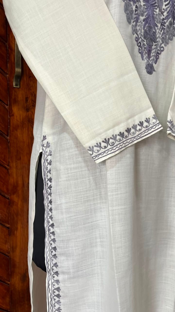 White Cotton Kurta with Lavender Aari embroidery Detail 1