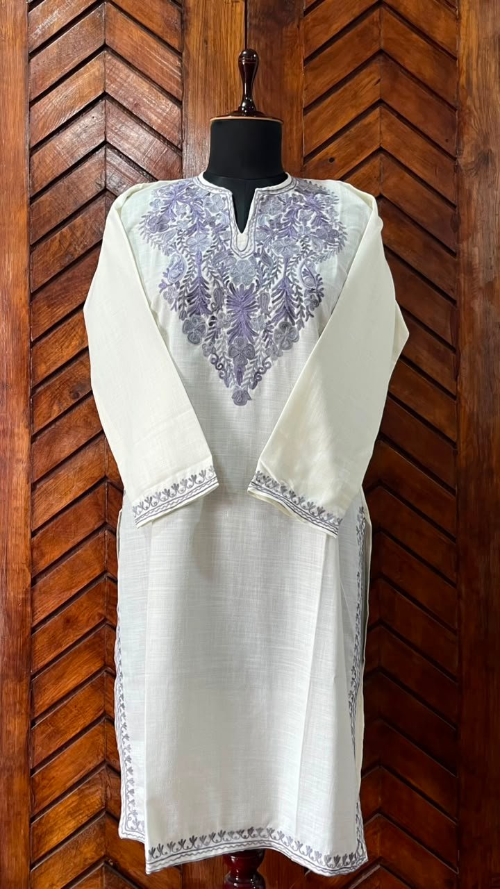 White Cotton Kurta with Lavender Aari embroidery