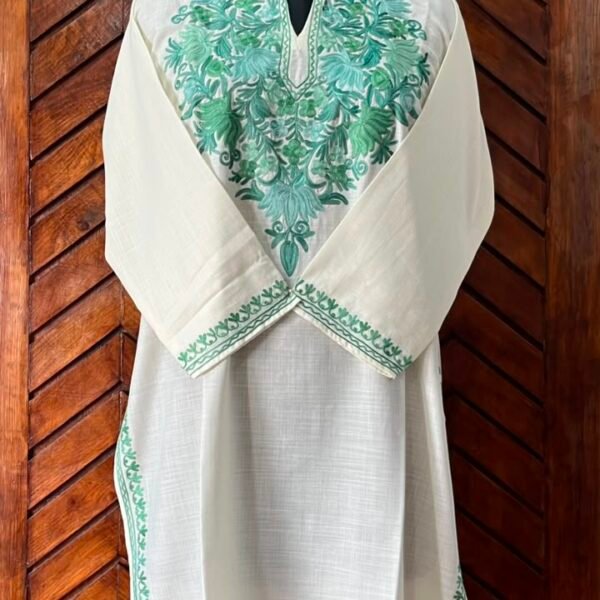 White Cotton Kurta with green Aari embroidery