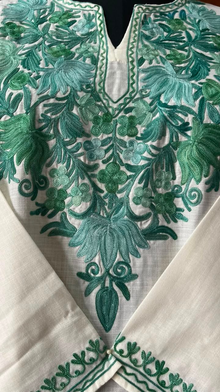 White Cotton Kurta with green Aari embroidery Detail 2