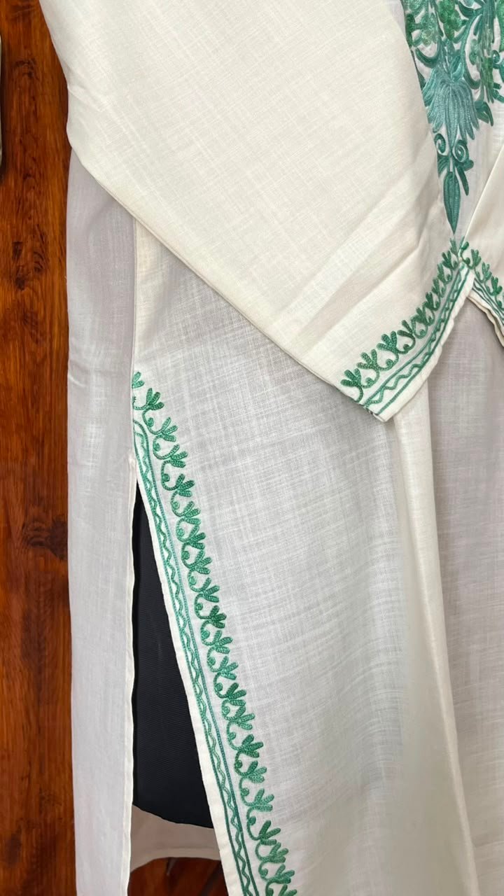 White Cotton Kurta with green Aari embroidery Detail 1