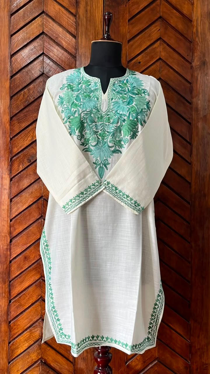 White Cotton Kurta with green Aari embroidery
